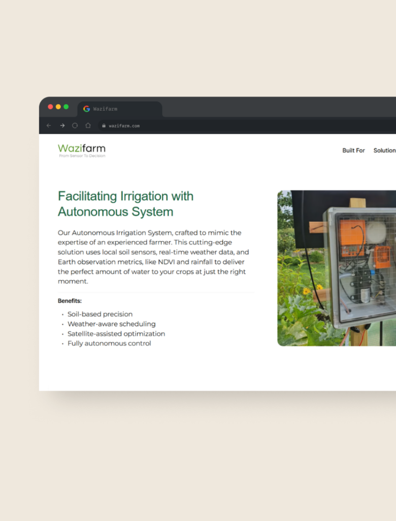Wazifarm website showing the autonomous irrigation controller in the field and a soil sensor among crops