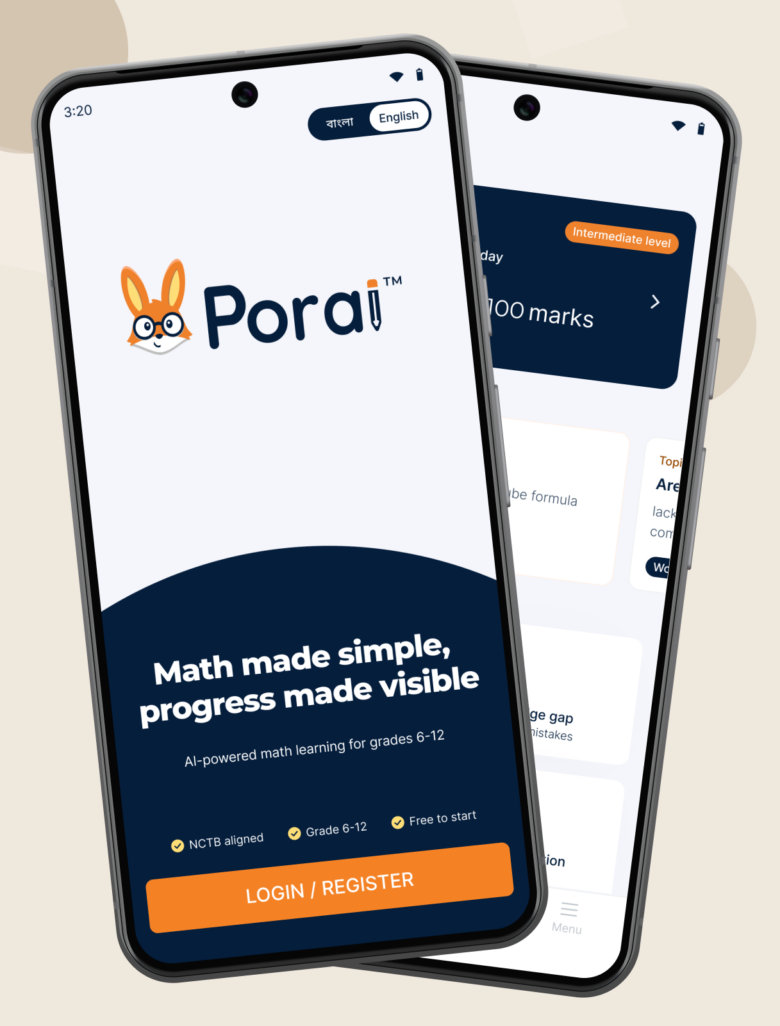 PorAI app on two phones: Bangla/English login screen and a student learning dashboard