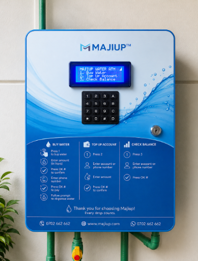 Majiup water ATM: wall-mounted unit with display and keypad for buying water, topping up an account and checking balance